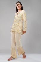 Saboo Embellished Short Kurti Pristine Ivory Multi With Saboo Embellished Flare Pant Pristine Ivory Multi