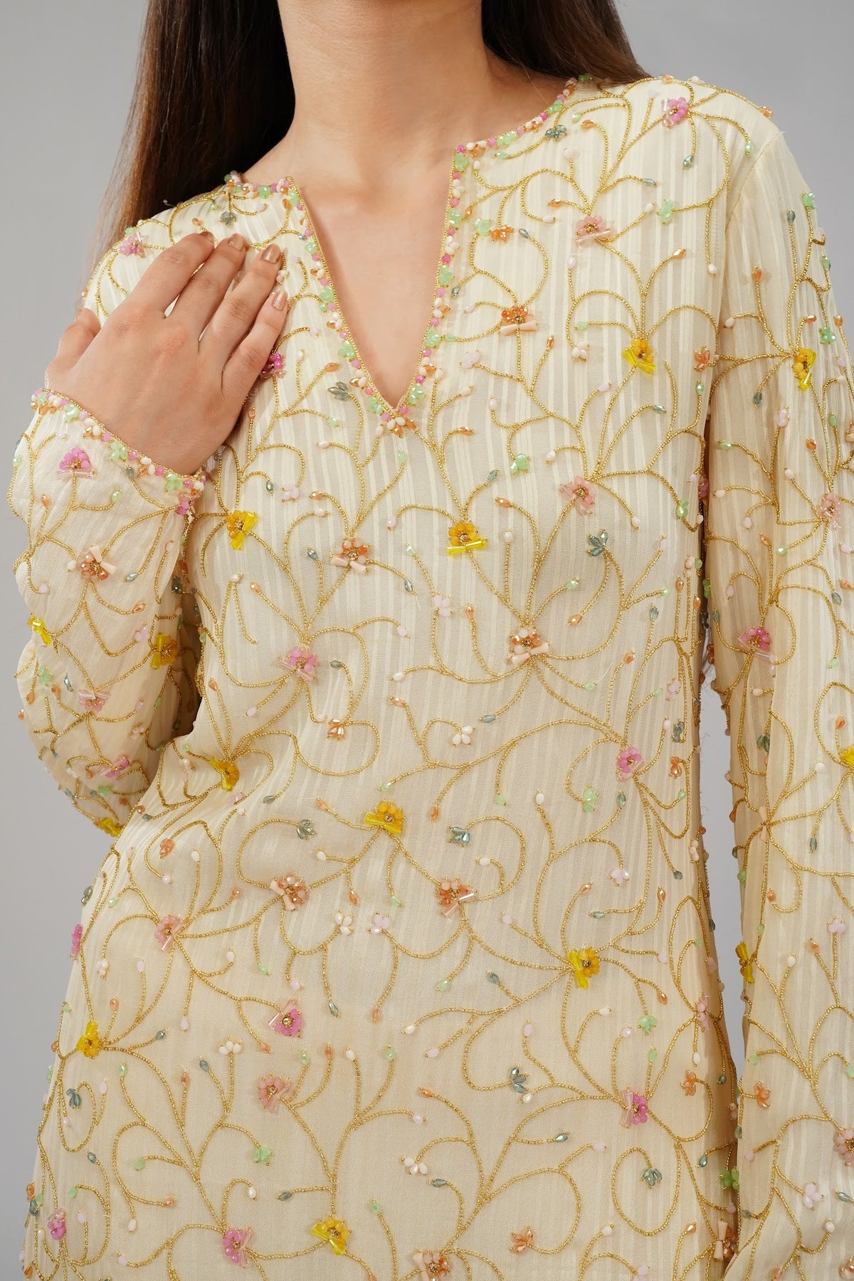 Saboo Embellished Short Kurti Pristine Ivory Multi With Saboo Embellished Flare Pant Pristine Ivory Multi