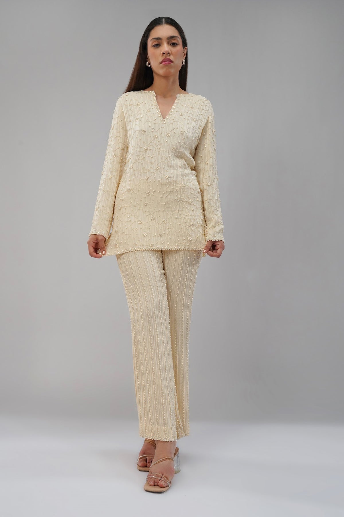 Saboo Embellished Short Kurti Pristine Ivory With Saboo Flare Pant Pristine Ivory