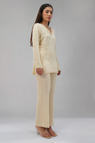 Saboo Embellished Short Kurti Pristine Ivory With Saboo Flare Pant Pristine Ivory