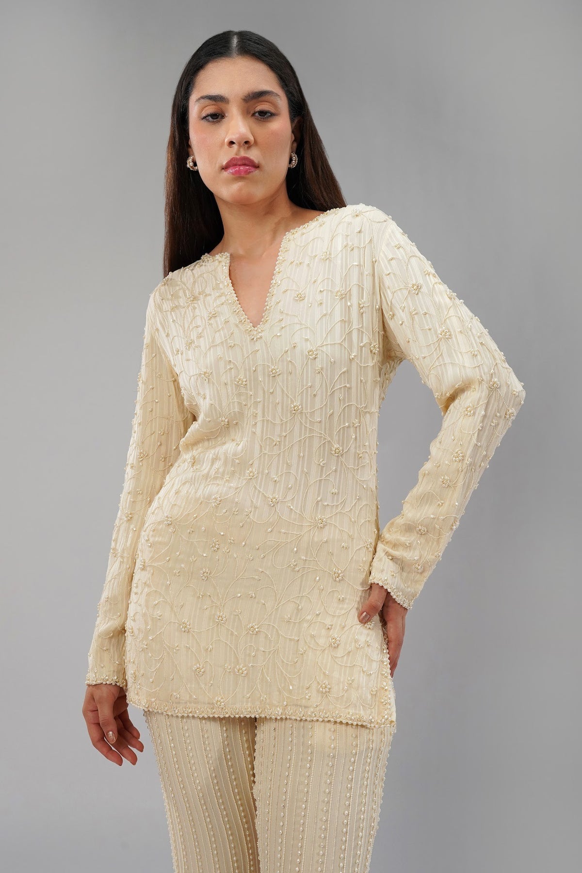 Saboo Embellished Short Kurti Pristine Ivory With Saboo Flare Pant Pristine Ivory