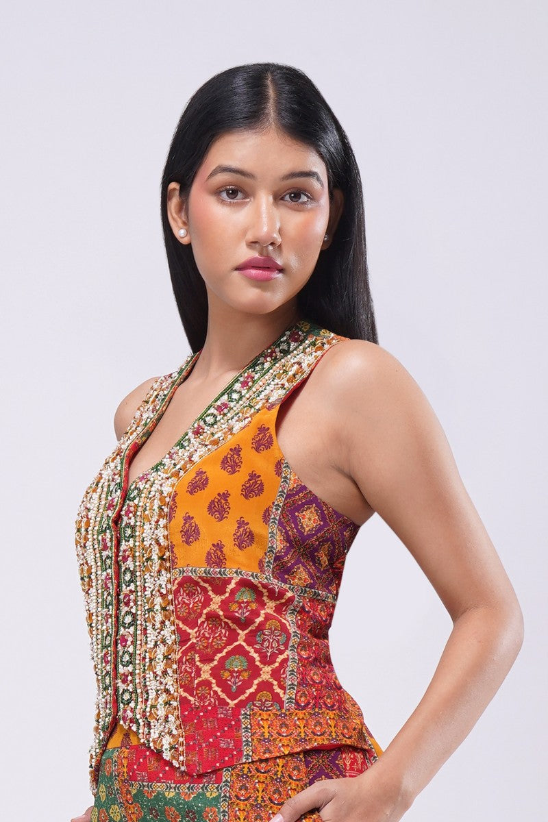 Sachi Crop WaistCoat Sleeveless Ruby Red Emerald Green Multi