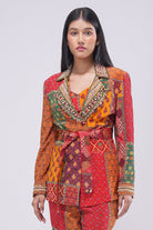 Sachi Embellished Blazer Pocket Full Sleeve Ruby Red Emerald Green Multi