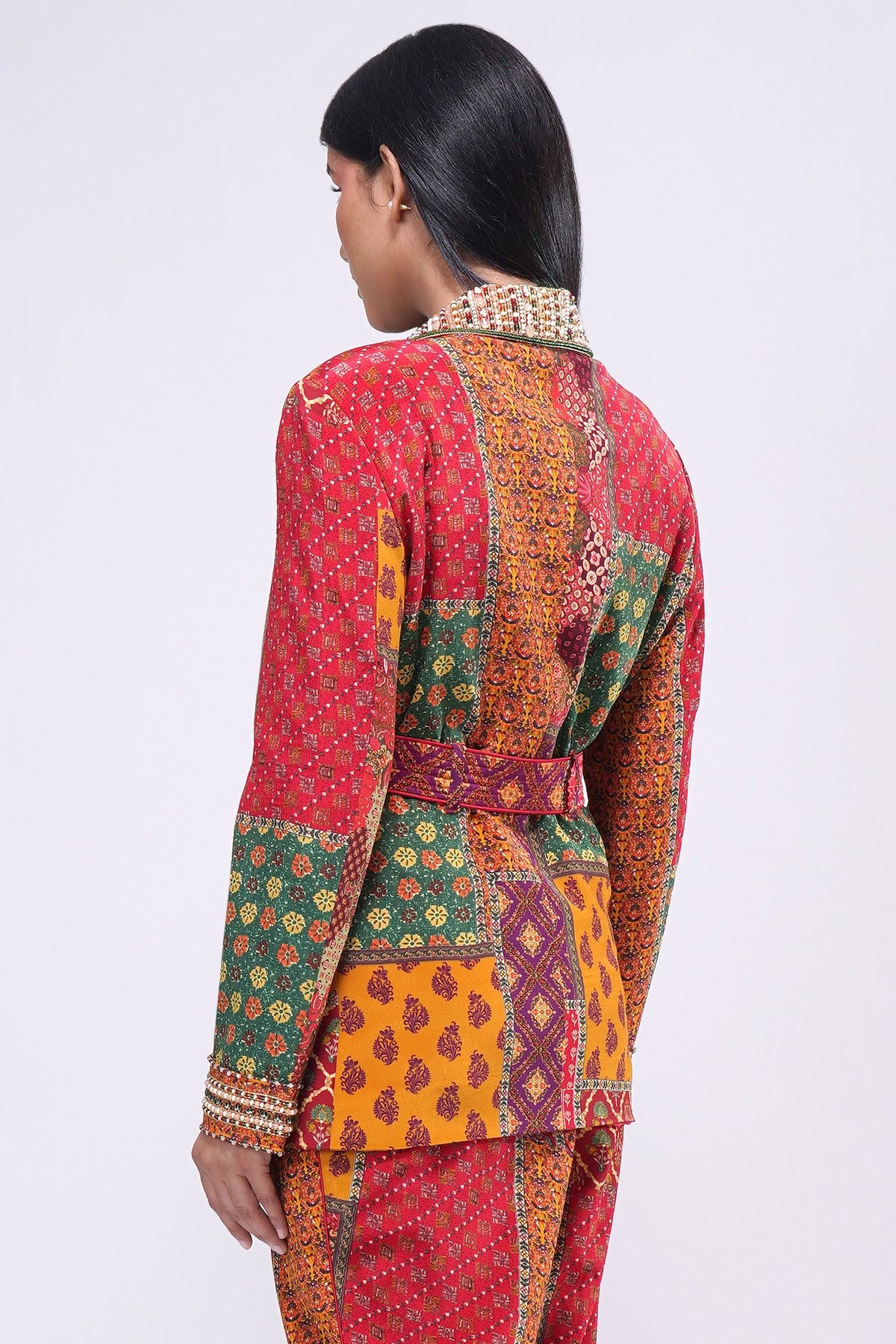 Sachi Embellished Blazer Pocket Full Sleeve Ruby Red Emerald Green Multi