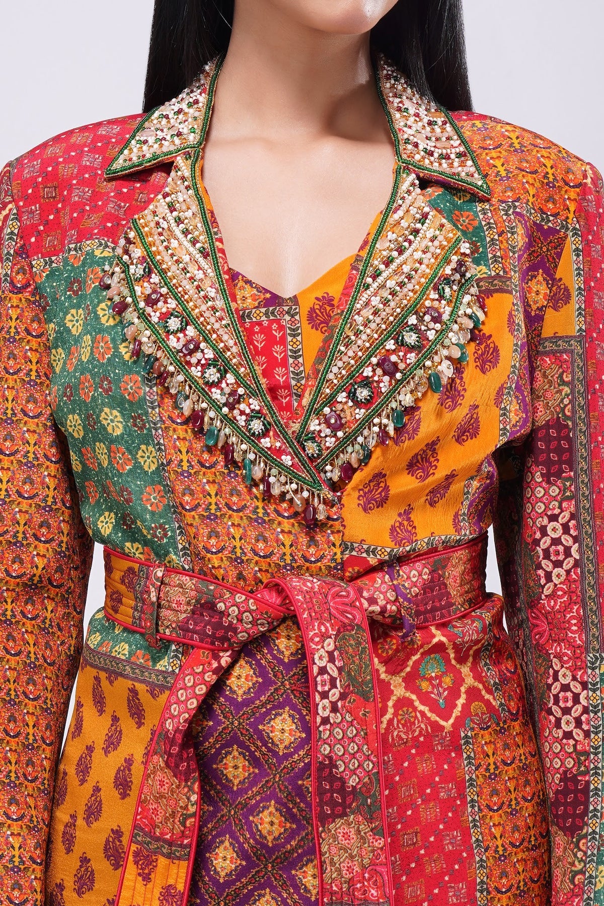Sachi Embellished Blazer Pocket Full Sleeve Ruby Red Emerald Green Multi