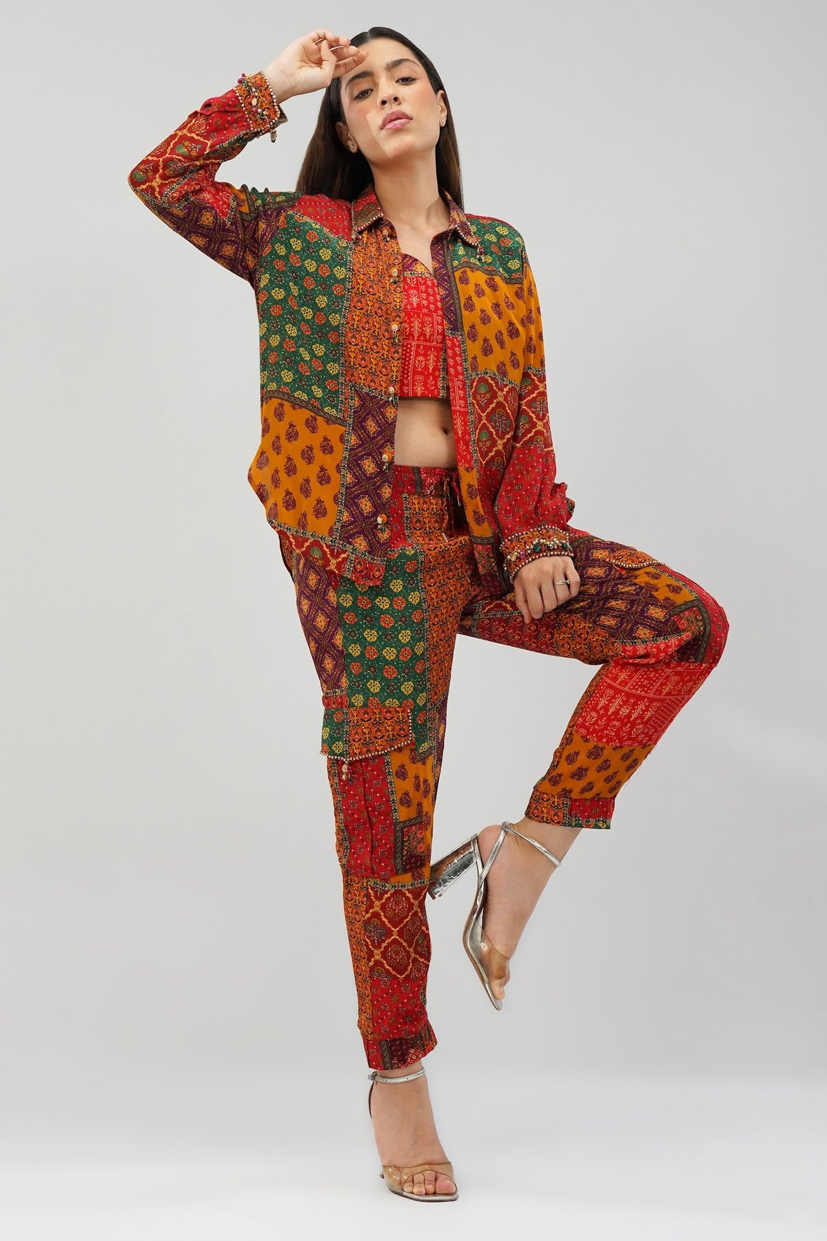 Sachi Embellished Full Sleeve Shirt Ruby Red Emerald Green Multi And Sachi Crop Top Ruby Red Emerald Green Multi With Sachi Cigarette Pant Full Length Ruby Red Emerald Green Multi