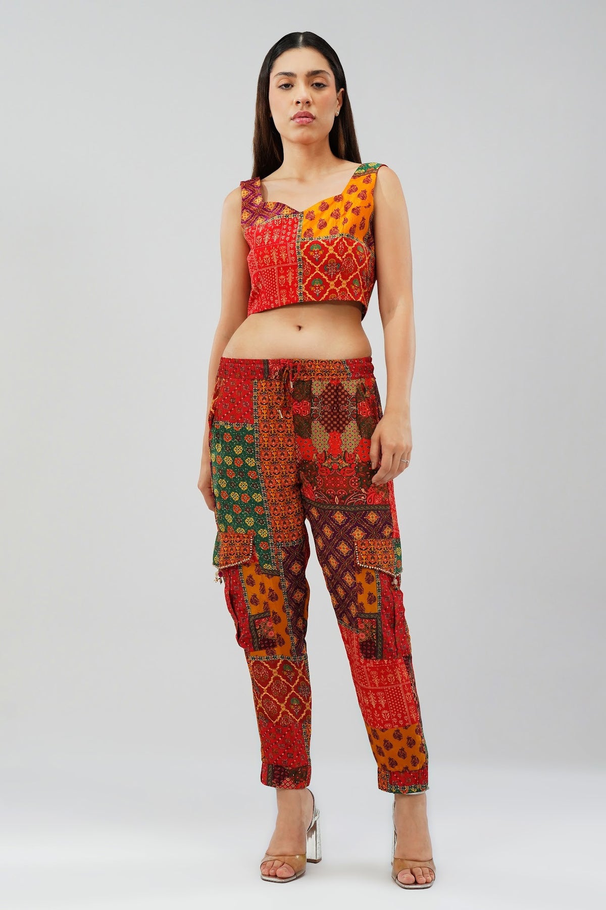 Sachi Embellished Full Sleeve Shirt Ruby Red Emerald Green Multi And Sachi Crop Top Ruby Red Emerald Green Multi With Sachi Cigarette Pant Full Length Ruby Red Emerald Green Multi