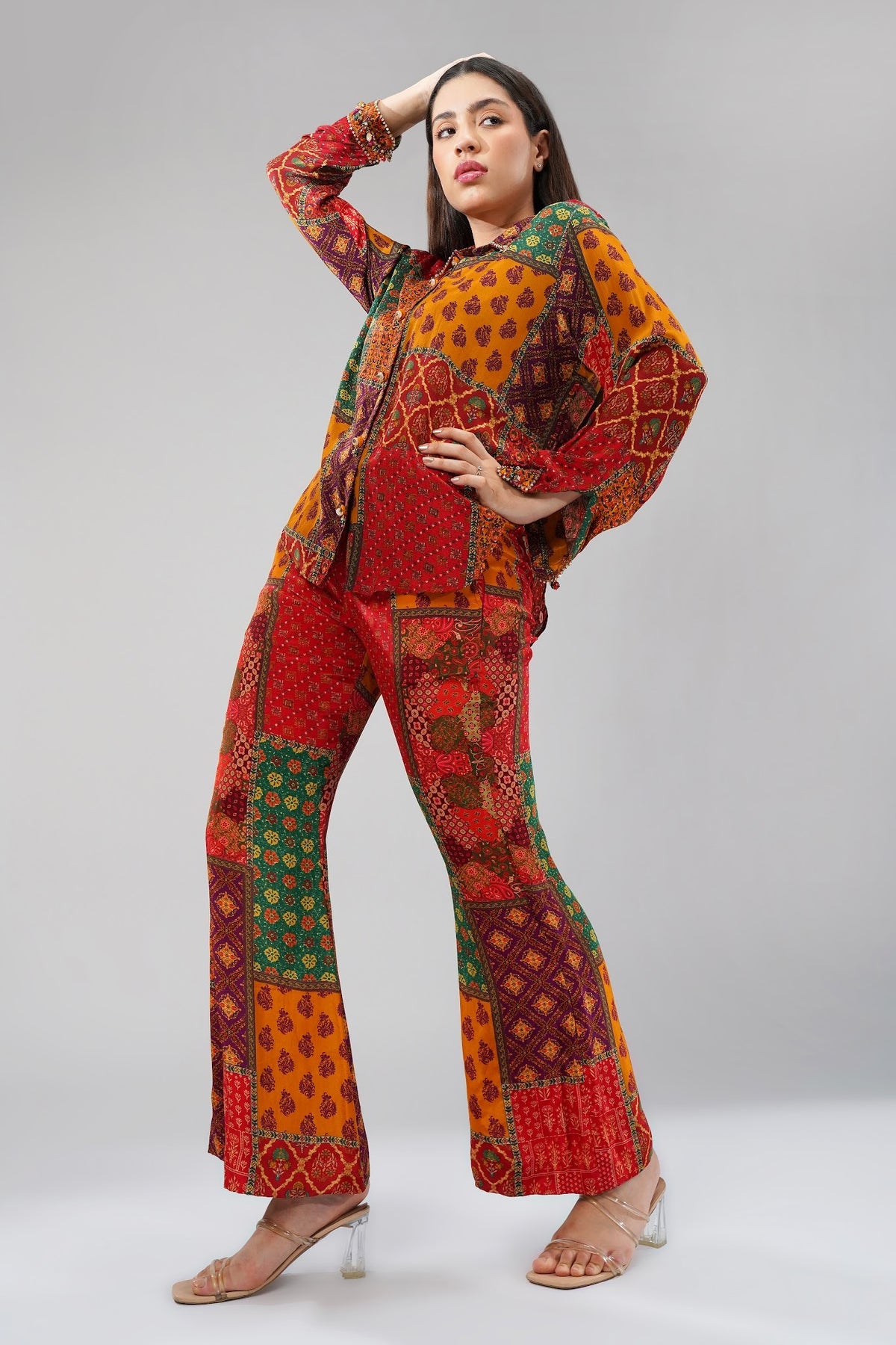Sachi Embellished Full Sleeve Shirt Ruby Red Emerald Green Multi With Sachi Flare Pant Ruby Red Emerald Green Multi