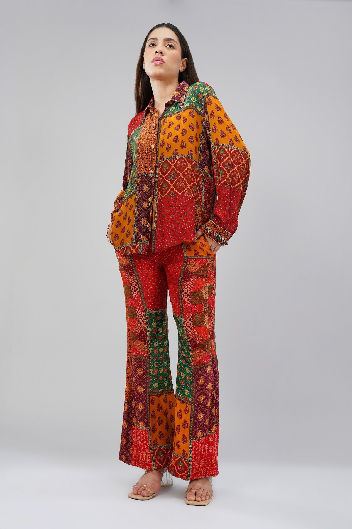 Sachi Embellished Full Sleeve Shirt Ruby Red Emerald Green Multi With Sachi Flare Pant Ruby Red Emerald Green Multi