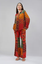 Sachi Embellished Full Sleeve Shirt Ruby Red Emerald Green Multi With Sachi Flare Pant Ruby Red Emerald Green Multi