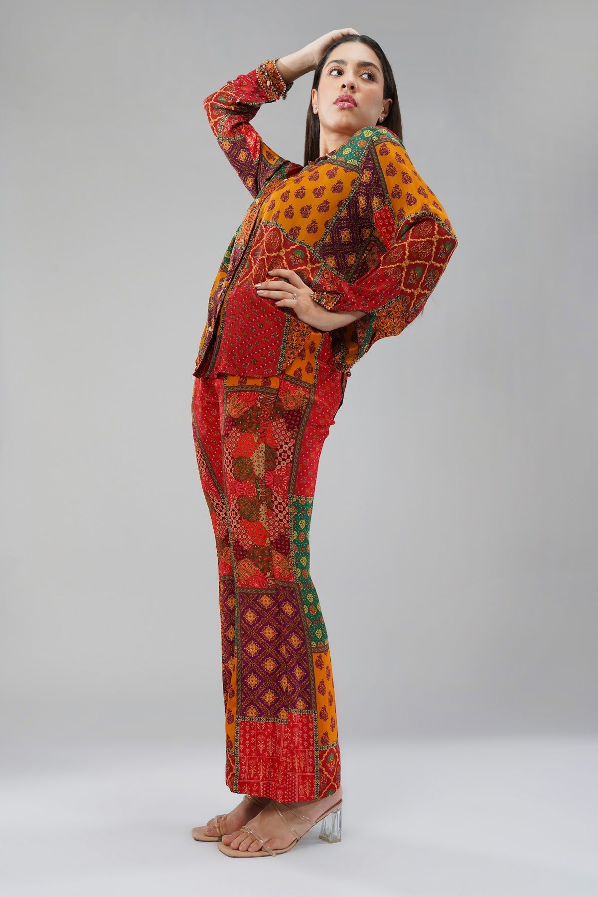 Sachi Embellished Full Sleeve Shirt Ruby Red Emerald Green Multi With Sachi Flare Pant Ruby Red Emerald Green Multi
