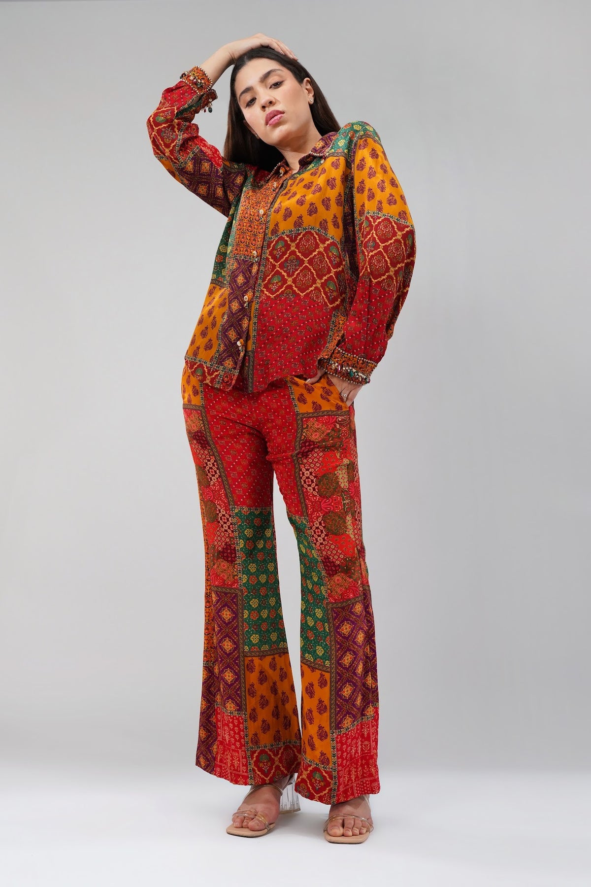 Sachi Embellished Full Sleeve Shirt Ruby Red Emerald Green Multi With Sachi Flare Pant Ruby Red Emerald Green Multi