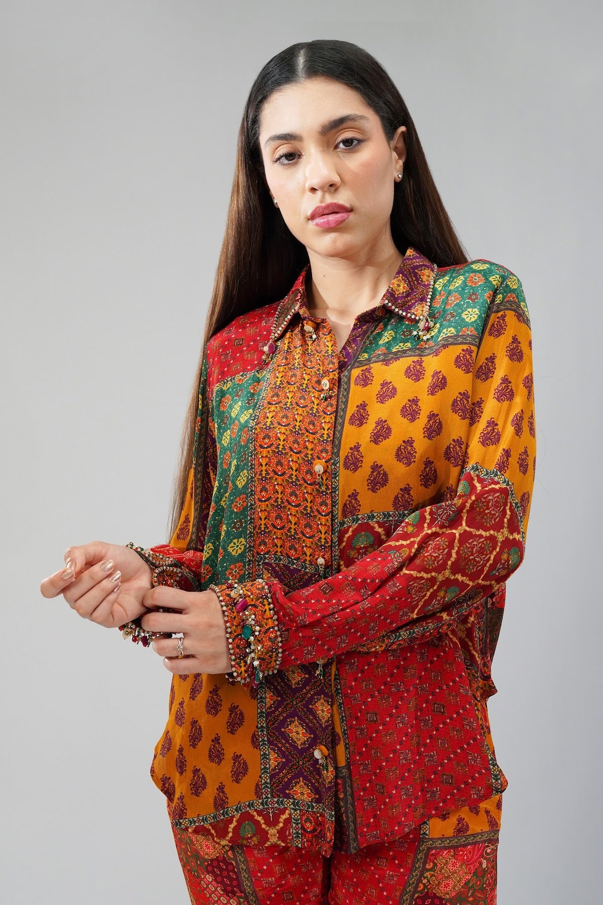 Sachi Embellished Full Sleeve Shirt Ruby Red Emerald Green Multi With Sachi Flare Pant Ruby Red Emerald Green Multi