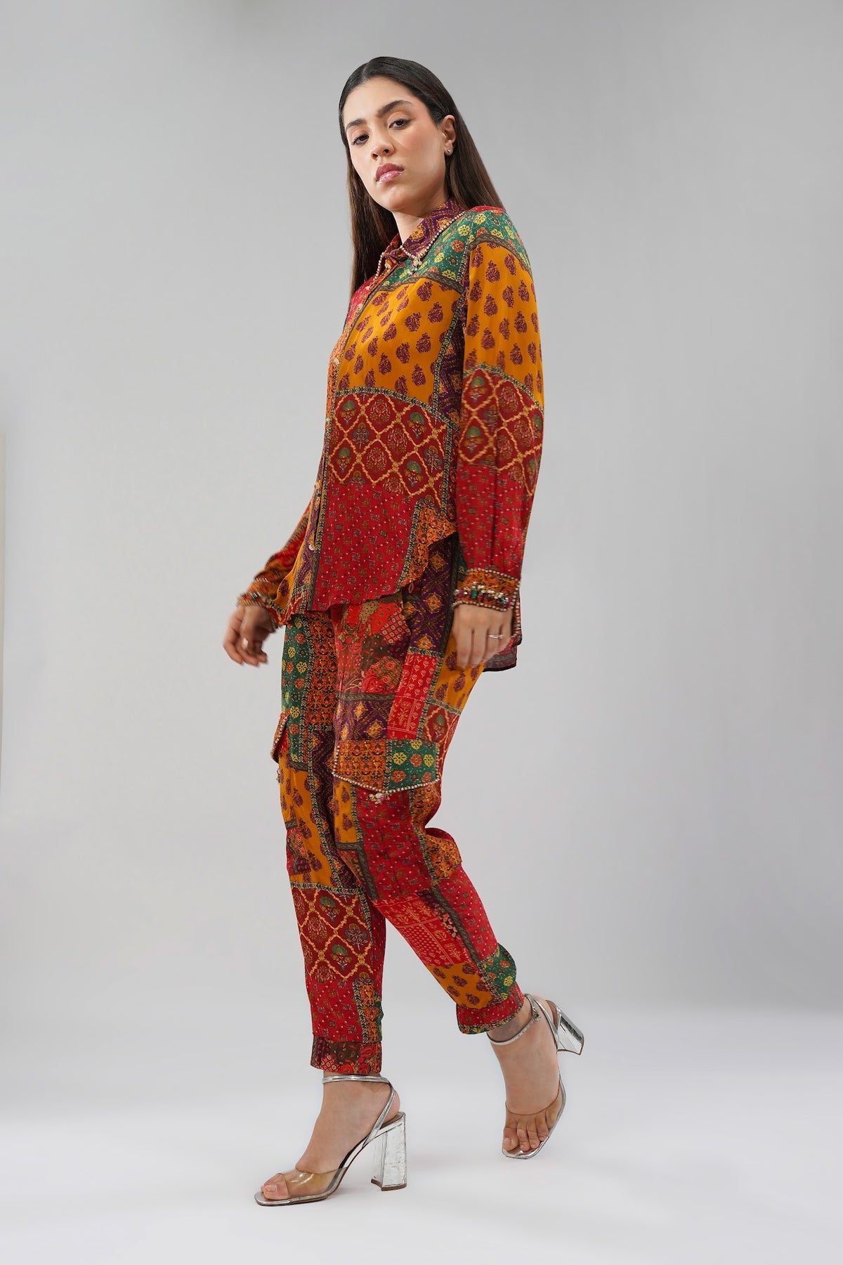 Sachi Embellished Full Sleeve Shirt With Sachi Jogger Pant Ruby Red Emerald Green Multi
