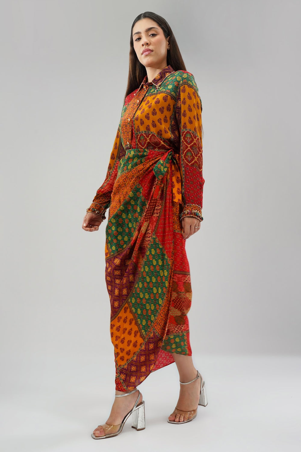 Sachi Embellished Full Sleeve Shirt With Sachi Tulip Wrap Skirt Full Length Ruby Red Emerald Green Multi