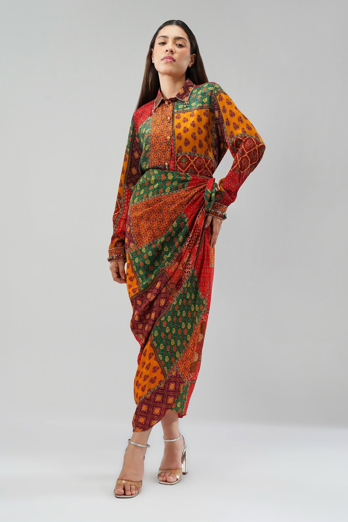 Sachi Embellished Full Sleeve Shirt With Sachi Tulip Wrap Skirt Full Length Ruby Red Emerald Green Multi