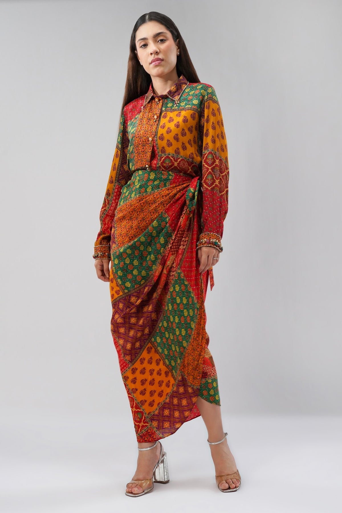 Sachi Embellished Full Sleeve Shirt With Sachi Tulip Wrap Skirt Full Length Ruby Red Emerald Green Multi