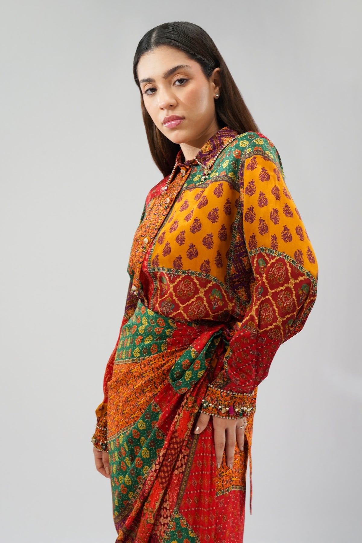 Sachi Embellished Full Sleeve Shirt With Sachi Tulip Wrap Skirt Full Length Ruby Red Emerald Green Multi