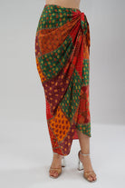 Sachi Embellished Full Sleeve Shirt With Sachi Tulip Wrap Skirt Full Length Ruby Red Emerald Green Multi