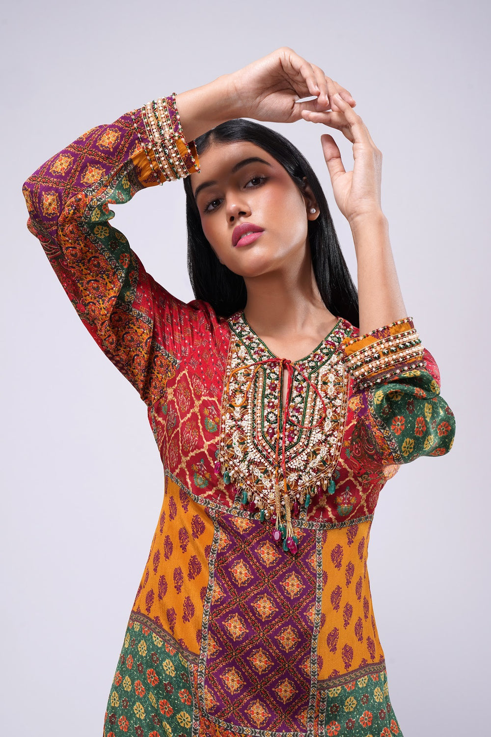 Sachi Embellished Short Kurti Ruby Red Emerald Green Multi