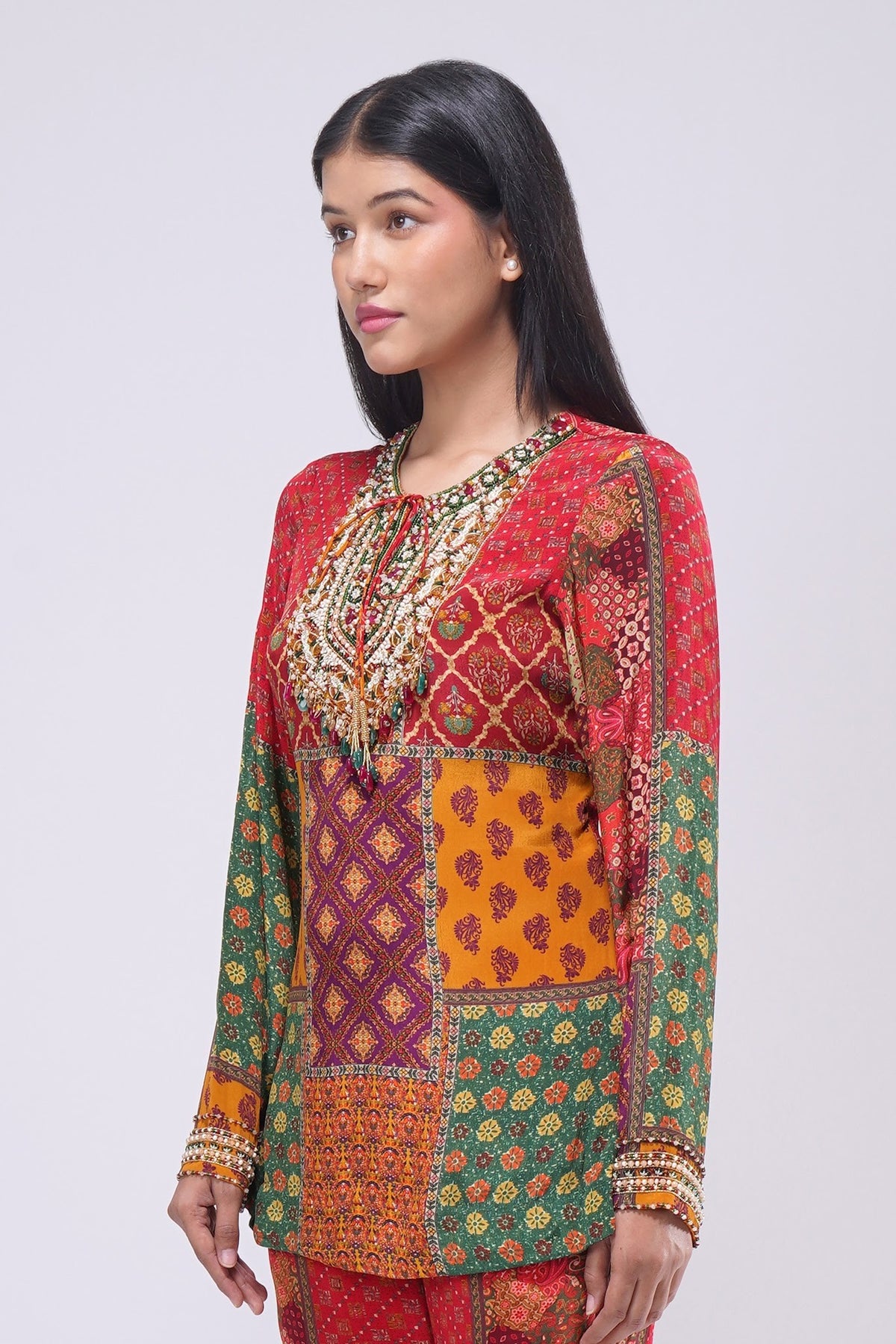 Sachi Embellished Short Kurti Ruby Red Emerald Green Multi