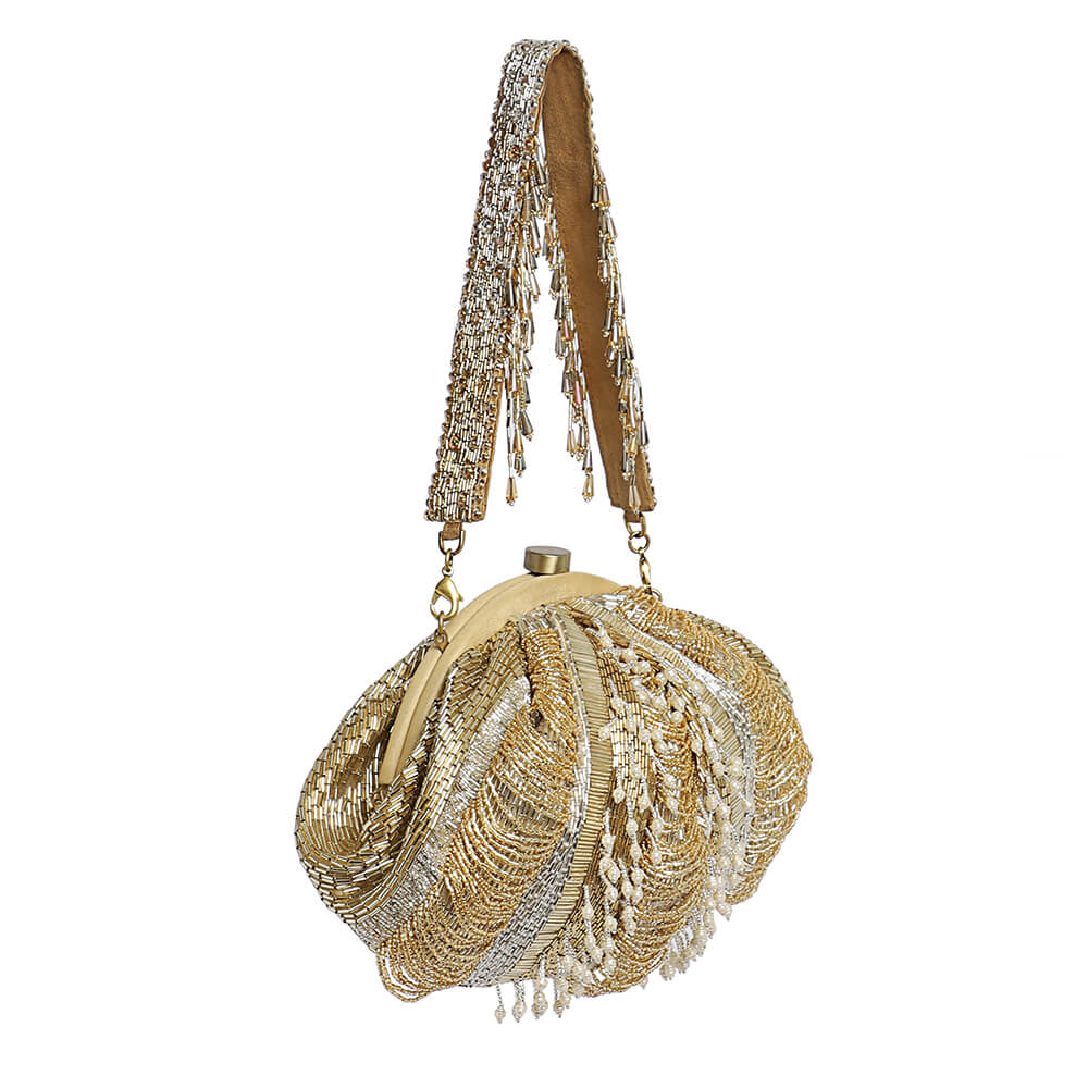 Ruche Soft Pouch Peerless Gold Lustrous Silver With Handle | Lovetobag