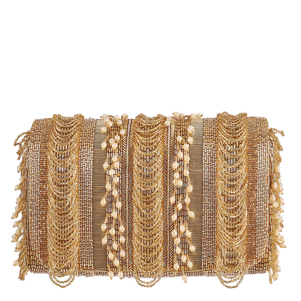 Ruche Flapover Clutch Peerless Gold With Handle | Lovetobag