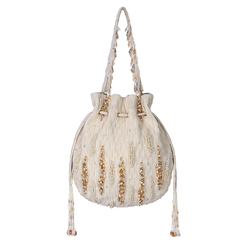 Nora Potli Pristine Ivory Peerless Gold Lustrous Silver With Handle ...
